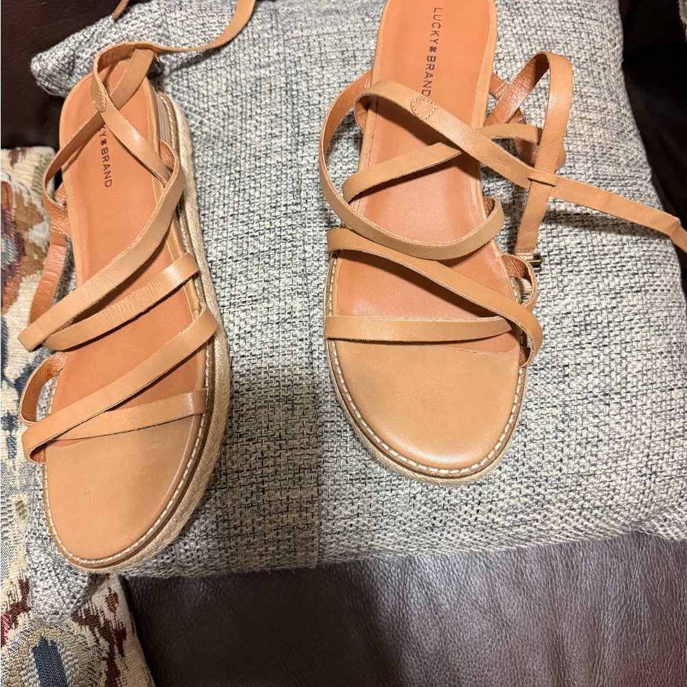 Lucky Brand Tan Leather Wrap Espadrille Sandals